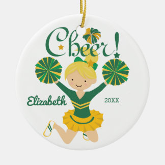 Green & Gold Cheer Blonde Cheerleader Ornament