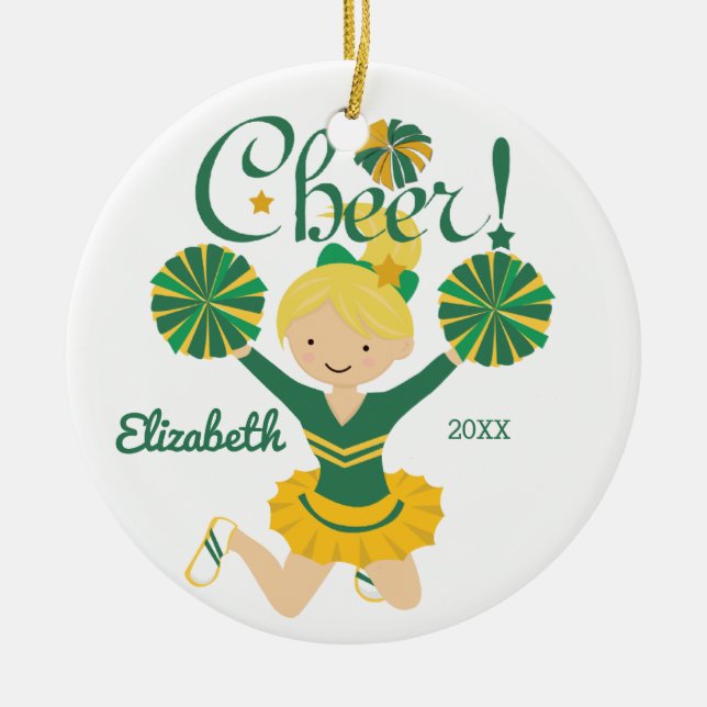 Green & Gold Cheer Blonde Cheerleader Ornament (Front)