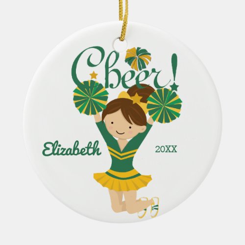 Green  Gold Cheer Brunette Cheerleader Ornament