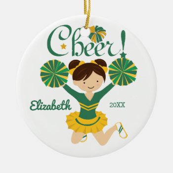 Green & Gold Cheer Dark Hair Cheerleader Ornament by celebrateitornaments at Zazzle