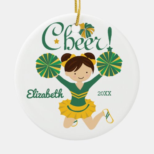 Green  Gold Cheer Dark Hair Cheerleader Ornament