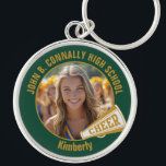Green Gold Cheerleader Photo High School Keychain<br><div class="desc">This cool customized high school cheerleader photo gift features gold typography of your team and player name on a dark green keychain with a cheer megaphone. Personalize with your student's photograph and class year as a proud cheerleading parent. A great gift for a mom or dad.</div>