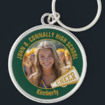 Green Gold Cheerleader Photo High School Keychain<br><div class="desc">This cool customized high school cheerleader photo gift features gold typography of your team and player name on a dark green keychain with a cheer megaphone. Personalize with your student's photograph and class year as a proud cheerleading parent. A great gift for a mom or dad.</div>