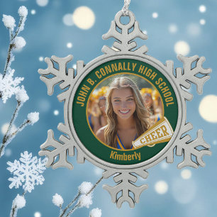 Green Gold Cheerleader Photo High School Snowflake Pewter Christmas Ornament