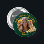 Green Gold Cheerleader Photo High School Spirit Button<br><div class="desc">This cool customized high school cheerleader photo gift features your name in gold on a dark green button with a CHEER megaphone. Personalize with your student's photograph and class year as a proud cheerleading parent. A mom and dad can wear these buttons to competition and games.</div>