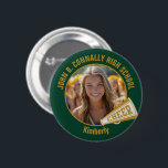 Green Gold Cheerleader Photo High School Spirit Button<br><div class="desc">This cool customized high school cheerleader photo gift features your name in gold on a dark green button with a CHEER megaphone. Personalize with your student's photograph and class year as a proud cheerleading parent. A mom and dad can wear these buttons to competition and games.</div>