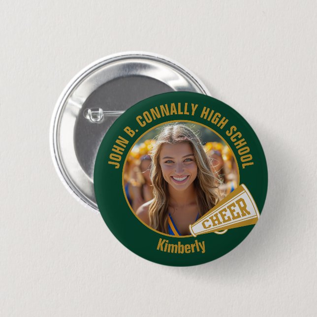 Green Gold Cheerleader Photo High School Spirit Button (Front & Back)