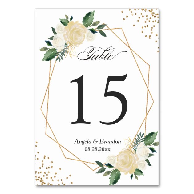 Green Gold Chic Floral Modern Wedding Table Number