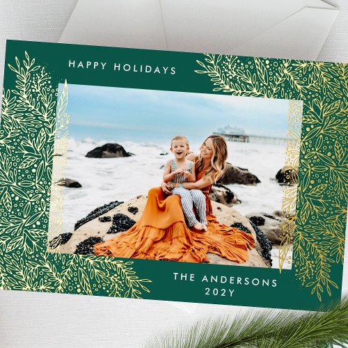 Green Gold Christmas Botanical Photo Happy Pressed Foil Holiday Card