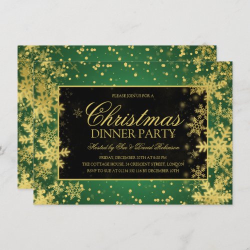 Green Gold Christmas Dinner Winter Snowflakes Invitation