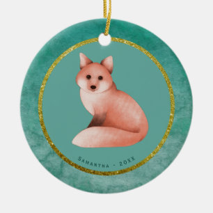 Green Gold Christmas Fox Personalized Name Date Ceramic Ornament
