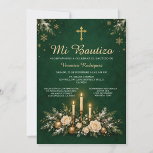 Green Gold Christmas Girl Baptism Spanish Floral Invitation