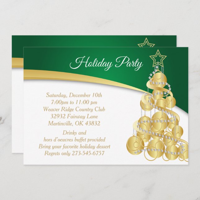 Green Gold Christmas Holiday Tree Invitation (Front/Back)