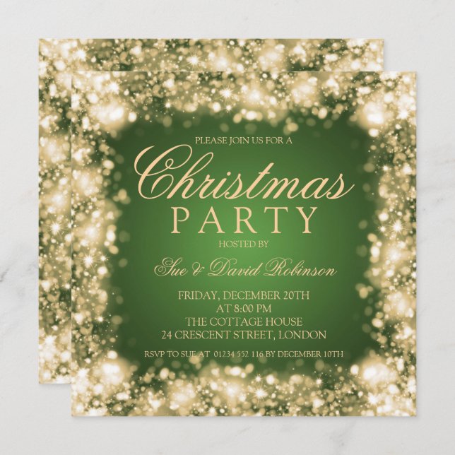Green Gold Christmas Party Sparkling Lights Invitation (Front/Back)