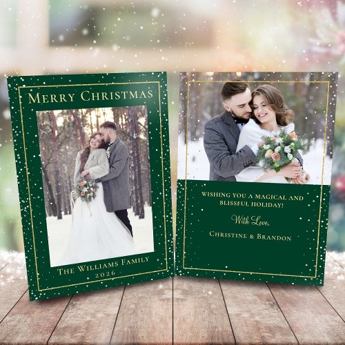 Green Gold Christmas Snowfall 2 Photo Holiday Card