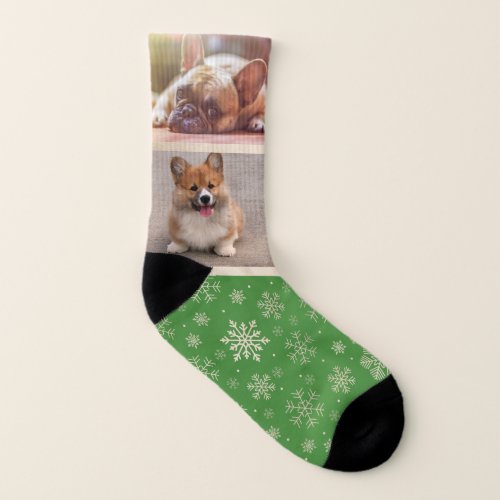 Green Gold Christmas Snowflake Pattern Pet Photo Socks