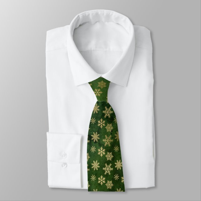 GREEN  GOLD CHRISTMAS SNOWFLAKE PATTERN TIE (Tied)