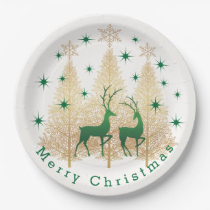 Green & gold Christmas tree, reindeer, snowflakes Paper Plates
