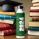 Green Gold Class of 2024 Personalized Graduation Water Bottle<br><div class="desc">This classic green gold custom senior graduate water bottle features bold white typography reading class of 2024 in varsity letters for a high school or college graduation party keepsake gift. Customize with your name in elegant gold script underneath for a great commemorative favor.</div>