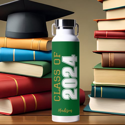Green Gold Class of 2024 Personalized Graduation Water Bottle