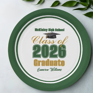 Green Gold Class of 2026 Graduation Party Paper Plates