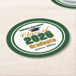 Green Gold Class of 2026 Graduation Party Round Paper Coaster
