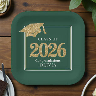 Green & Gold Class Of 2026 Paper Plates