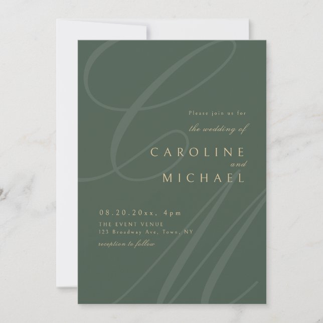 Green & Gold Classic calligraphy monogram wedding Invitation (Front)