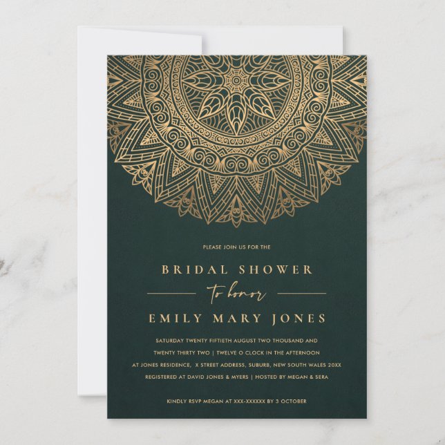 GREEN GOLD CLASSIC ORNATE MANDALA BRIDAL SHOWER INVITATION (Front)