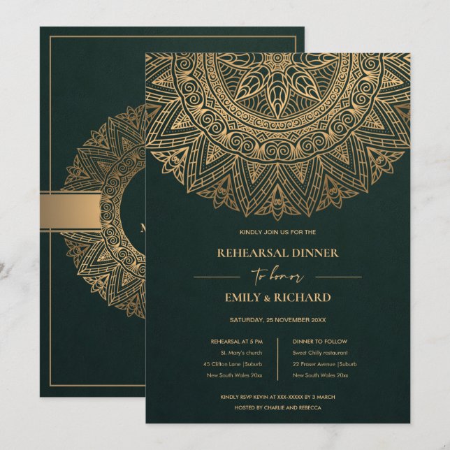 GREEN GOLD CLASSIC ORNATE MANDALA REHEARSAL DINNER INVITATION (Front/Back)