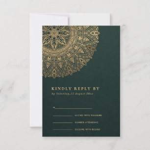 GREEN GOLD CLASSIC ORNATE MANDALA WEDDING RSVP CARD