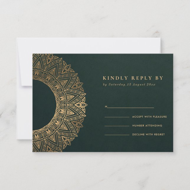 GREEN GOLD CLASSIC ORNATE MANDALA WEDDING RSVP CARD (Front)