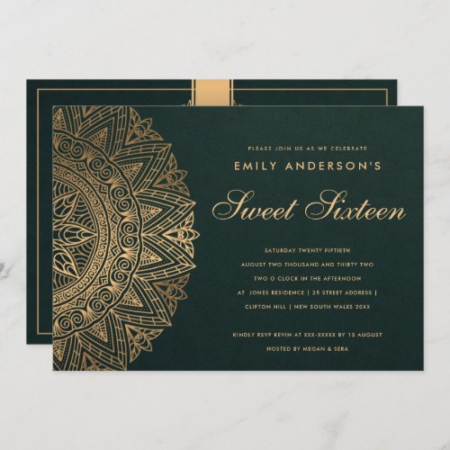 GREEN GOLD CLASSY ORNATE MANDALA SWEET 16 BIRTHDAY