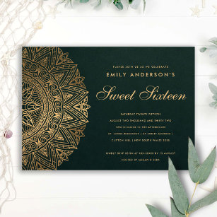 GREEN GOLD CLASSY ORNATE MANDALA SWEET 16 BIRTHDAY INVITATION