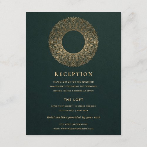 GREEN GOLD CLASSY ORNATE MANDALA WEDDING RECEPTION ENCLOSURE CARD
