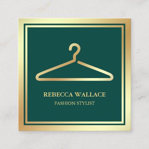 Green Gold Clothes Hanger Fashion Stylist Square Business Card