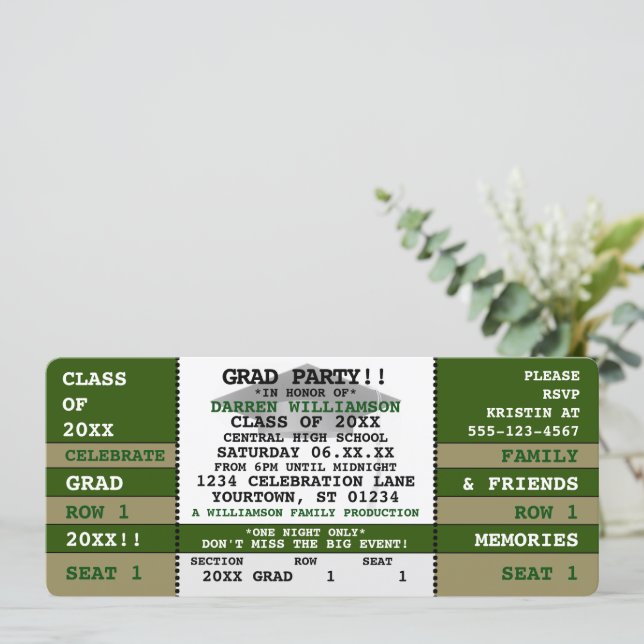 Green|Gold Concert Ticket Grad Party Invitation (Standing Front)