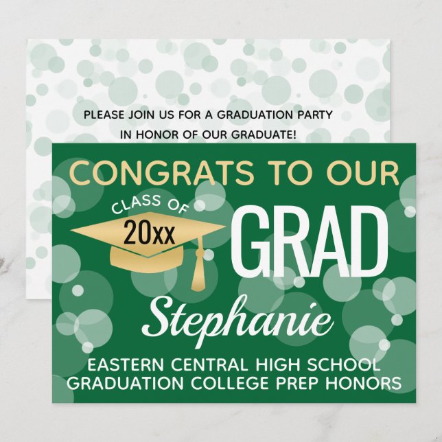 Green Gold Confetti Bokeh Bubbles Graduation Invitation (Front/Back)