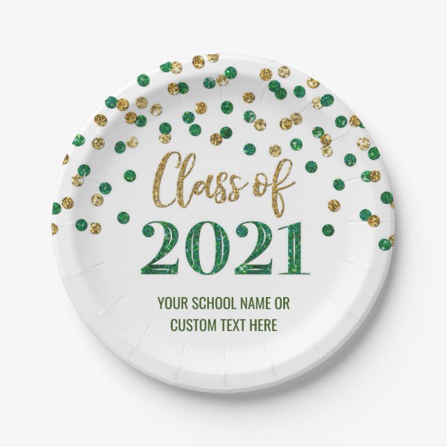 Green Gold Confetti Graduation 2021 Paper Plates (Front)