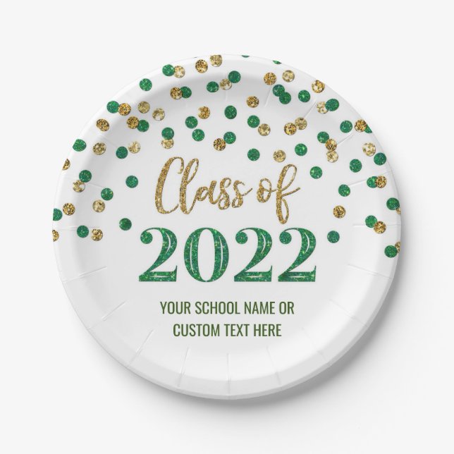Green Gold Confetti Graduation 2022 Paper Plates (Front)