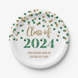 Green Gold Confetti Graduation 2024 Paper Plates