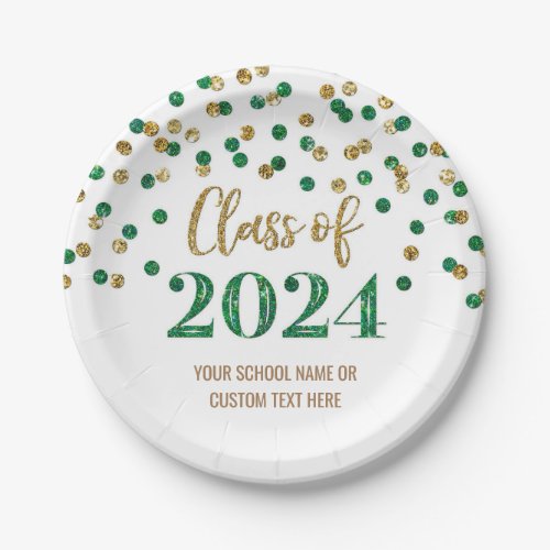 Green Gold Confetti Graduation 2024 Paper Plates