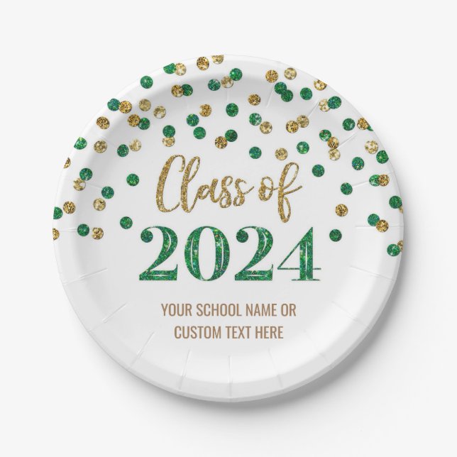 Green Gold Confetti Graduation 2024 Paper Plates (Front)