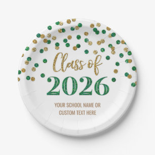 Green Gold Confetti Graduation 2026 Paper Plates