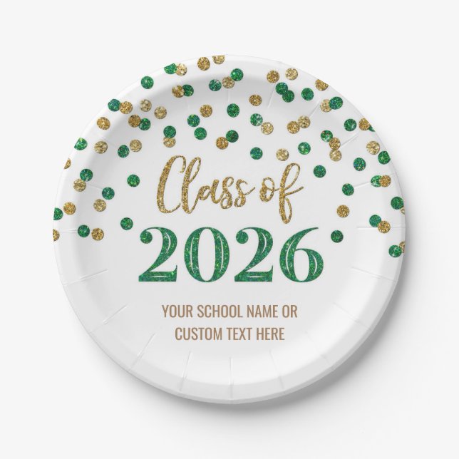 Green Gold Confetti Graduation 2026 Paper Plates (Front)
