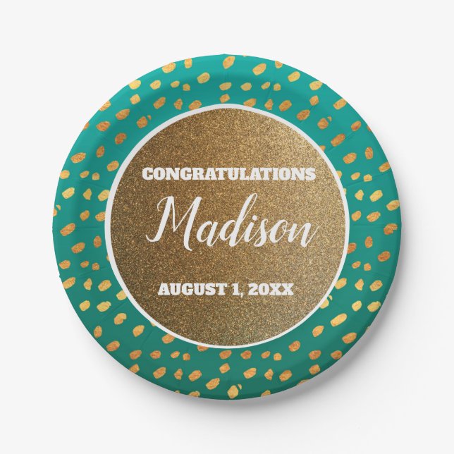 Green Gold Confetti Graduation College Trunk Party Paper Plates (Front)