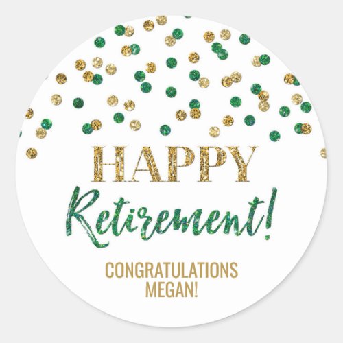 Green Gold Confetti Happy Retirement Classic Round Sticker