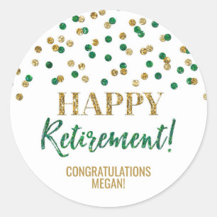 Green Gold Confetti Happy Retirement Classic Round Sticker