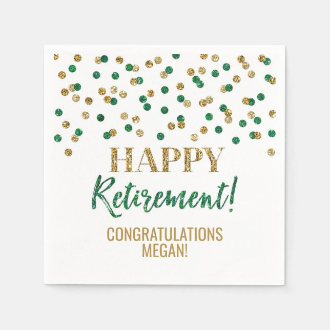 Green Gold Confetti Happy Retirement Napkins (Front)