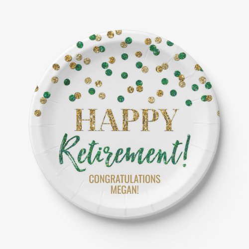Green Gold Confetti Happy Retirement Paper Plates